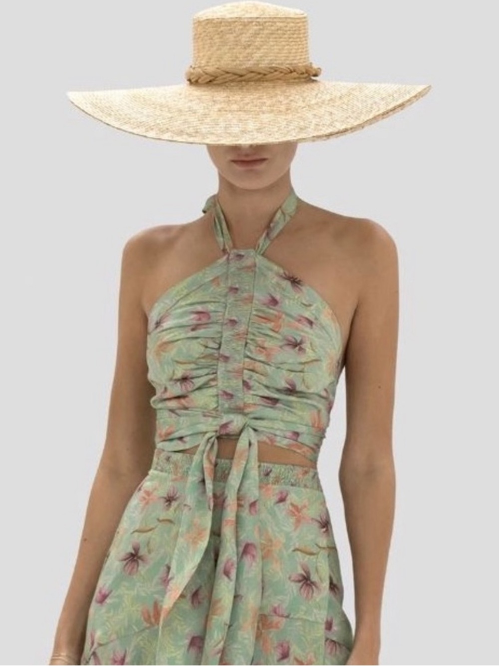Alexis Reve Wild Orchid Mint Green Floral Ruched Halter Crop Top Size XS